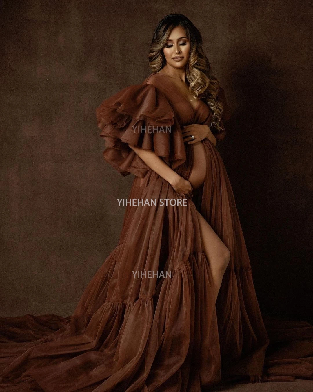 Customized Brown Maternity Dresses Photo Shoot Tulle Maternity Robe Pregnant Women Gowns Fluffy Ruffle Robe Formal Party Dress
