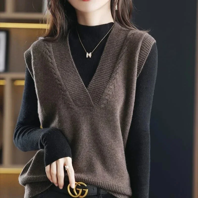 Women\'s Jumper Solid Cotton Cashmere Knitting Vest Spring Autumn Casual Knitwear Female Top loose sweater