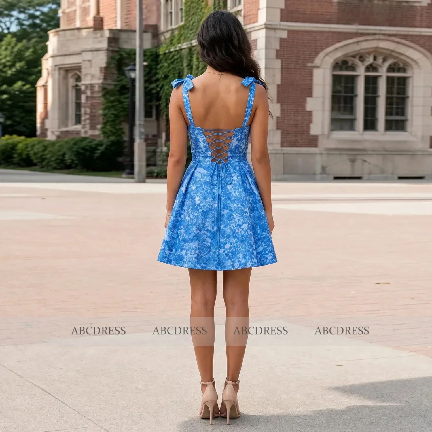 Customized Blue Floral Print Short Homecoming Dress Sweetheart A Line Cocktail Party Gown Bow Strap Prom Dress