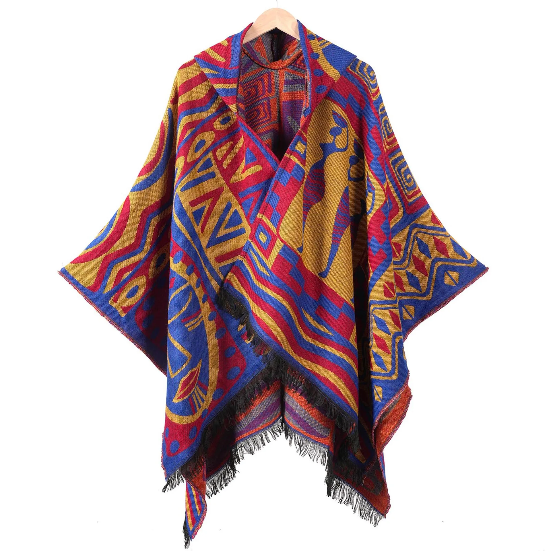 Nouveau Poncho femmes à capuche gland géométrique couleur bloc écharpe Cape voyage photographie Cape chaude
