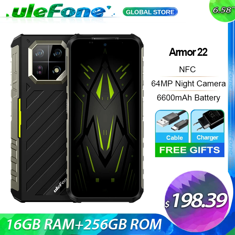 Ulefone Armor 22, 16 Гб 256 ГБ,6,58 дюймов FHD + ,64 мп Ночная камера,33 Вт,6600 мАч,4G,Android 13,NFC,2.4K,120Hz