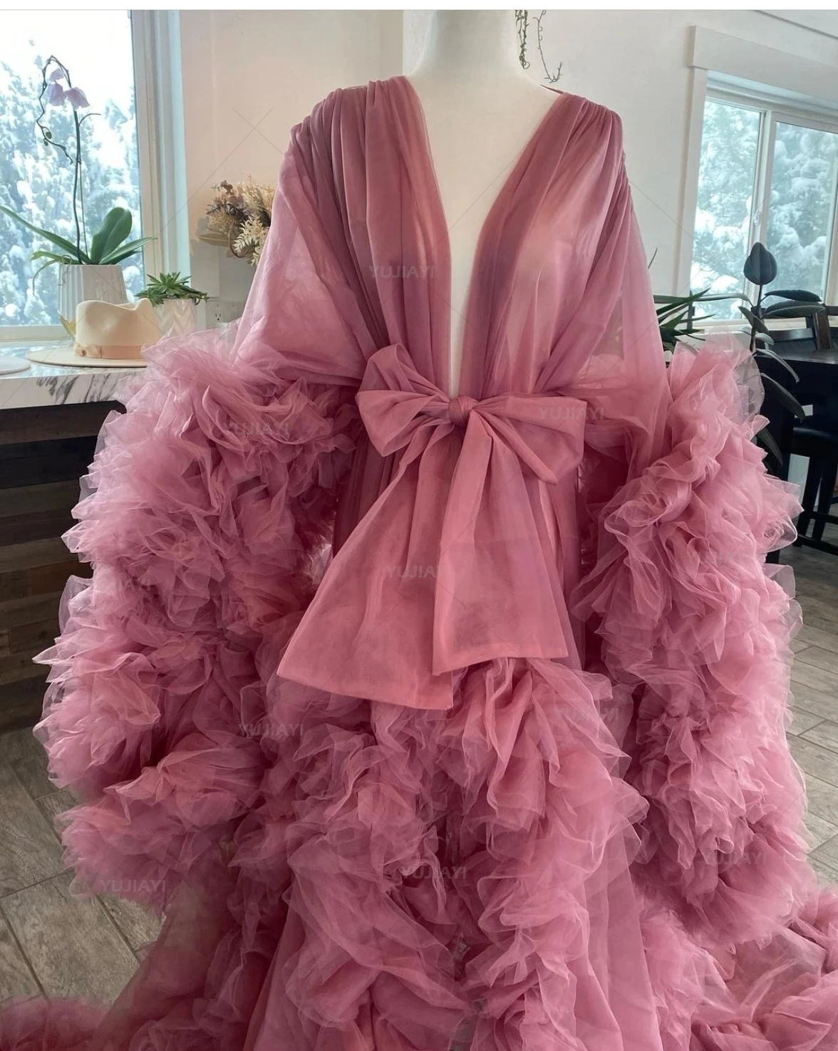 Luxury Maternity Dress Front Split Tiered Ruffles Tulle Robe Photography Outfit Maxi Gown Pregnancy Women Long Bridal Sleepwear