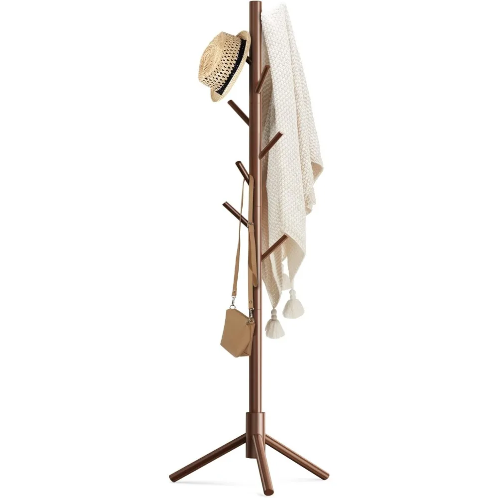 Wooden Coat Rack Stand with 8 Hooks New Zealand Pine 3 Adjustable Coat Standing Tree Easy Assembly for Coats, Hats, S