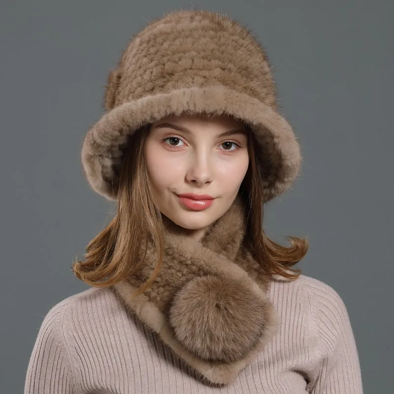 

Real hair women's day warm outdoor travel fur top hat hairball scarf