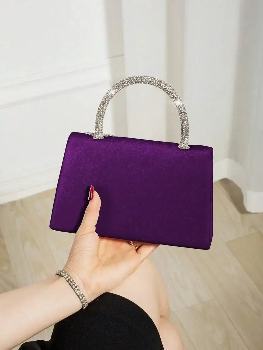 

Purple Satin Evening Clutch Bag With Rhinestone Handle For Women