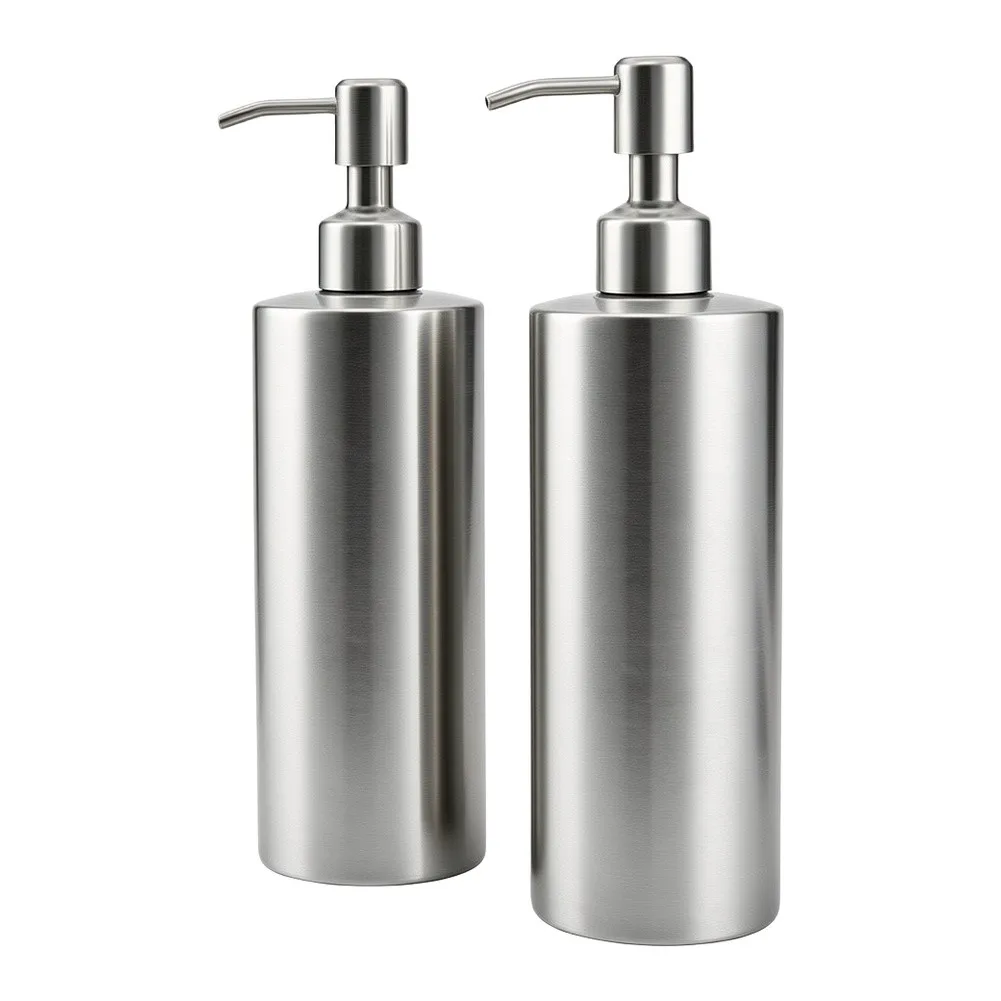 2 Pcs 18.6oz Stainless Steel Soap Set Silver Rust Pump Bottle For Kitchen Bathroom Countertop Liquid Storage