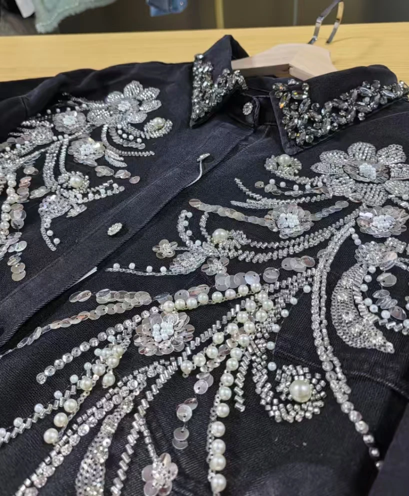 High-end Sequins Pearls Beads Stitch Black Denim Shirts Blouses For Women 2025 Spring Trend Long Sleeve Embroidered Flares Tops