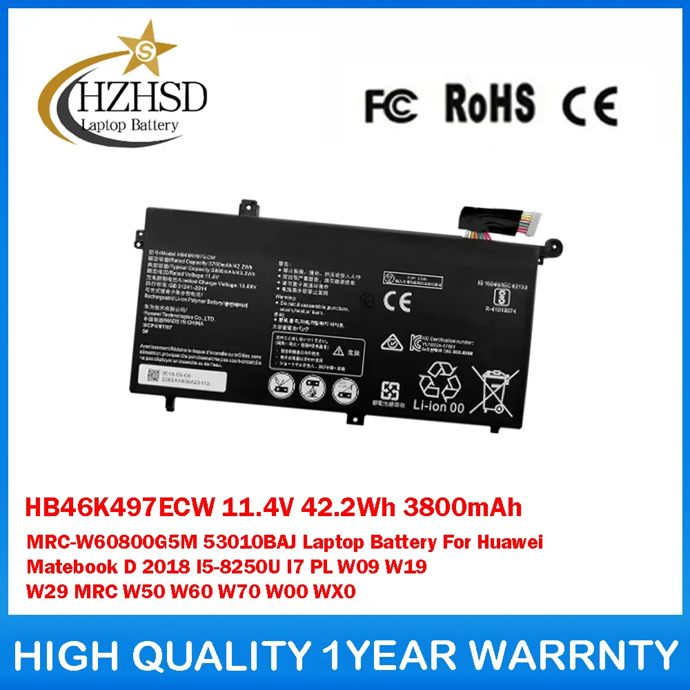 

HB46K497ECW 11.4V 42.2Wh 3800mAh MRC-W60800G5M 53010BAJ Laptop Battery For Huawei Matebook D 2018 I5-8250U I7 PL W09 W19 W29