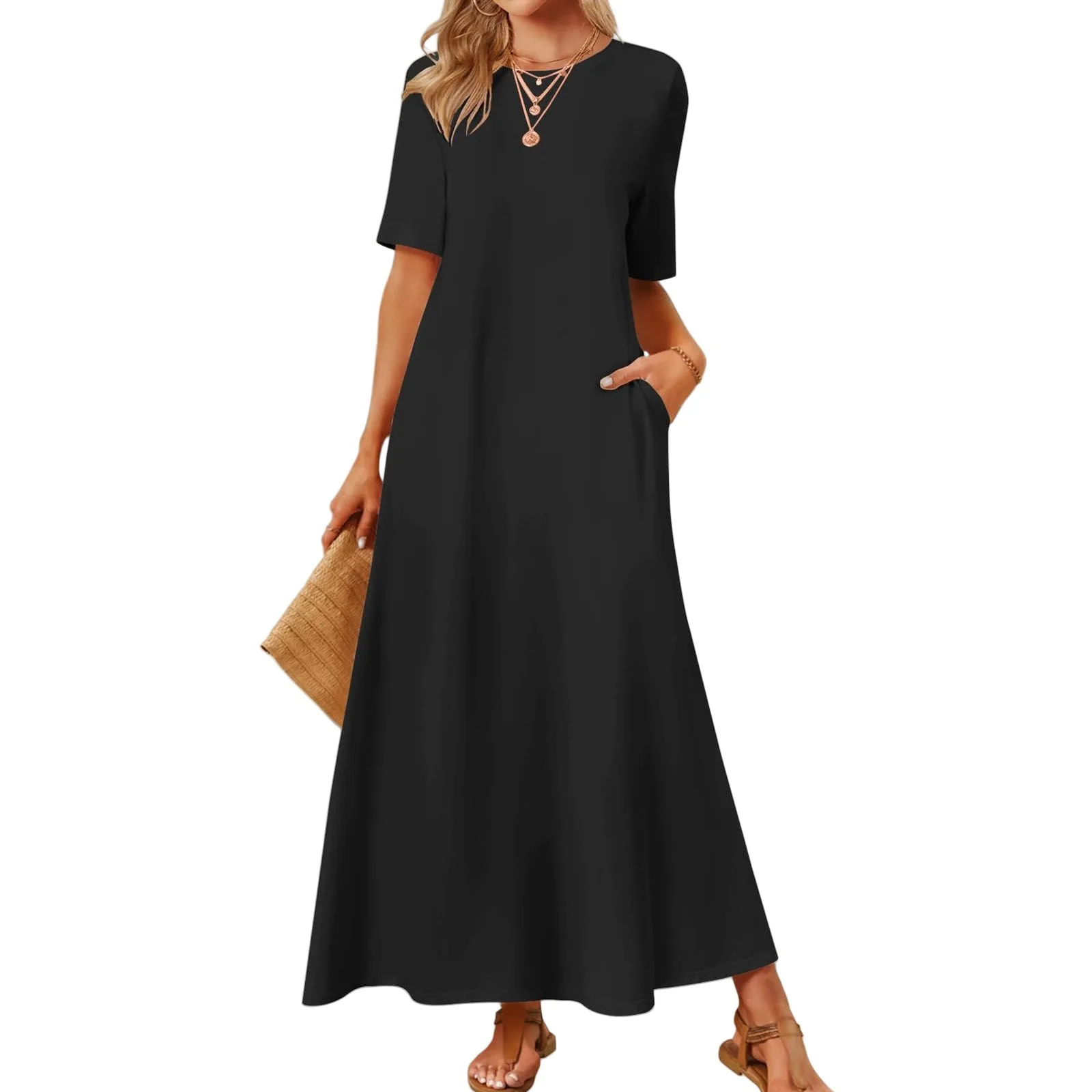 Women's 2025 Summer T Shirt Dress Short Sleeve Crewneck Maxi Dress With Pockets Casual Solid Color Swing A Line Long Dresses