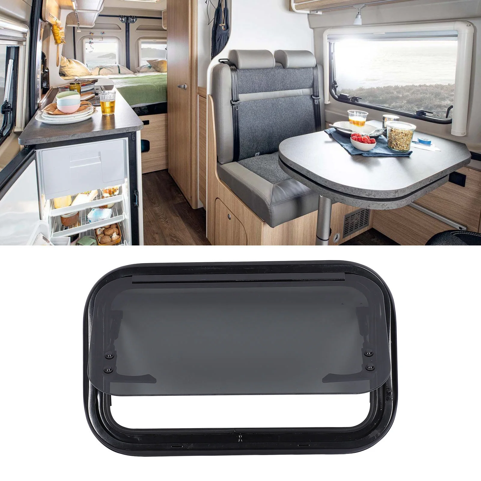 หน้าต่างแบบผลักออกสำหรับรถบ้าน ขนาด 20 x 12 นิ้ว พร้อมแกนไฮดรอลิก โครงยึดกันฝน มุมโค้งมน สำหรับรถแคมป์เปอร์