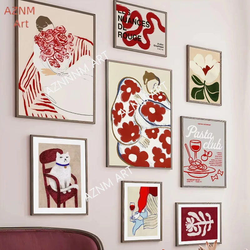 Rot Gestreiftes Mädchen Blume Katze Kaffee Abstrakte Poster Und Drucke Wand Kunst Leinwand Malerei Hotel Bar Bilder Für Wohnzimmer De