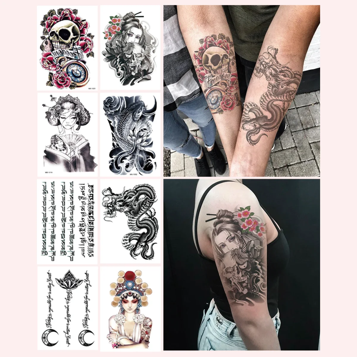 

10pcs Waterproof Temporary Tattoo Stickers With Skull Characters Moon Pattern Totem for Women Men's Arm Fake Tattoos Party Gifts