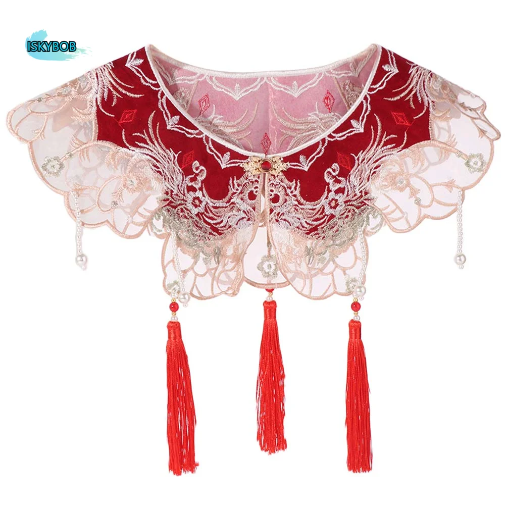 

Chinese Style Hanfu Collar Embroidered Detachable Hanfu Shoulder Collar Tassels Pearls Cheongsam Shawl for Clothes Decoration
