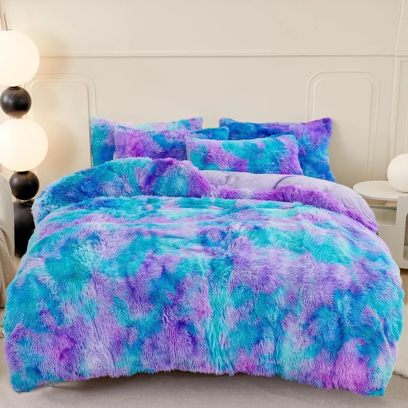 Faux Fur Duvet Cover Set Twin Size, Tie Dye Rainbow Plush Shaggy Girls Bedding Set, Soft Velvet Fluffy Fuzzy Ombre Comforter