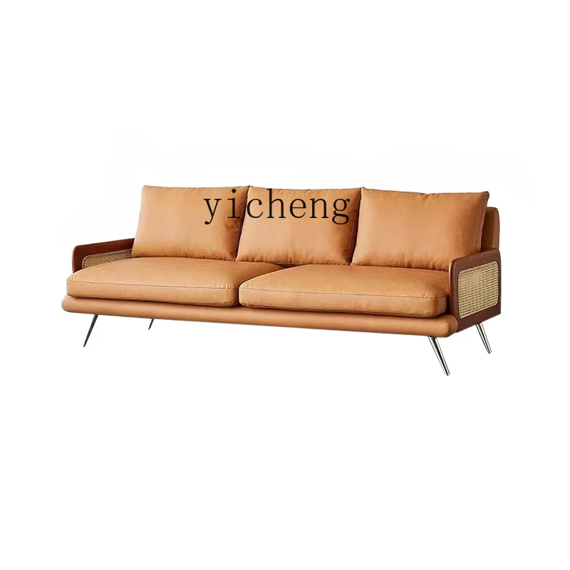 

ZC Vintage Rattan Napa Leather Sofa Simple Straight Row Living Room Home First Layer Cowhide