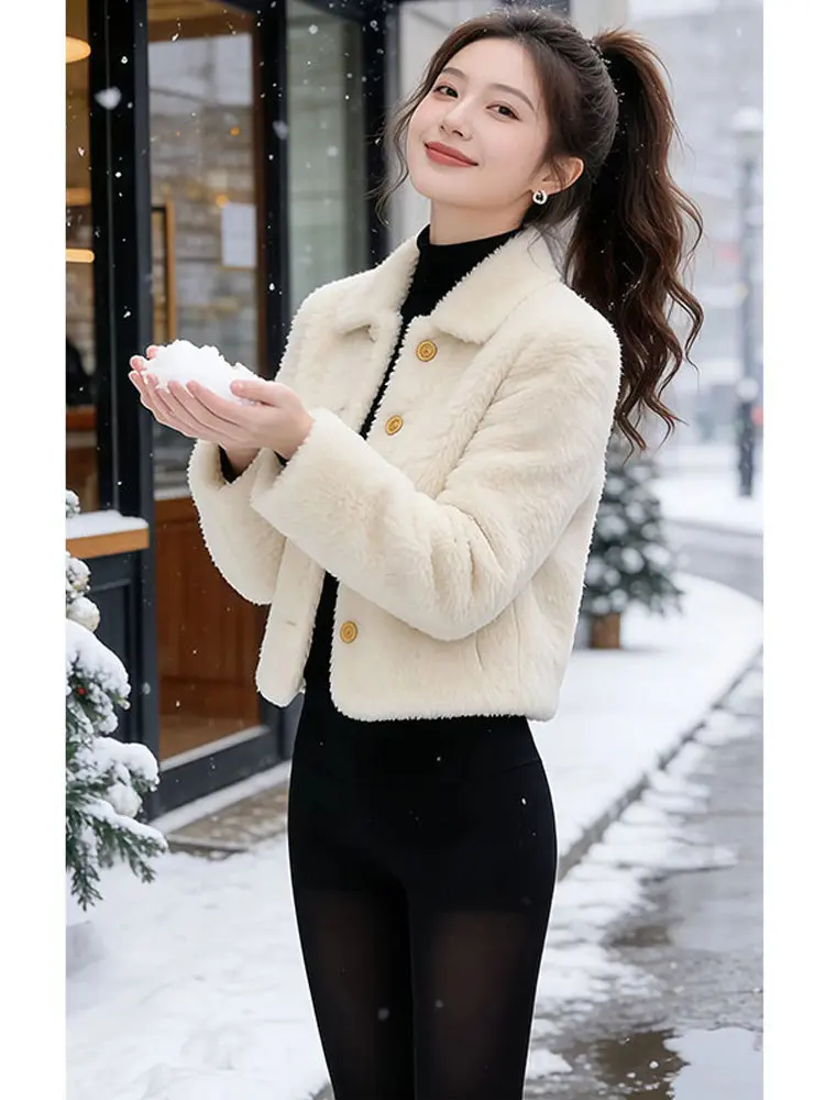Cappotto Corto in Pelliccia d'Agnello Color Pera Stile Coreano per Signore, Nuova Collezione Autunno Inverno, Taglia Piccola