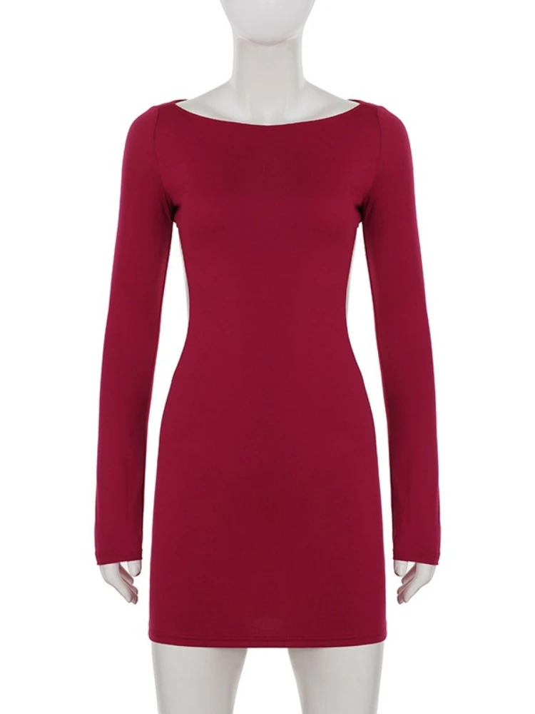 SsTss 2025 جديد مثير مفتوح الظهر القوس فستان المرأة موضة س الرقبة طويلة الأكمام سليم انقطاع أنيقة مساء حفلة Bodycon فستان قصير #4