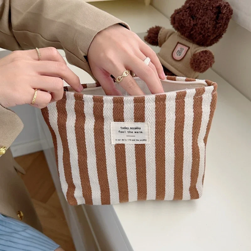 

Retro Stripe Cosmetic Bag for Women Portable Canvas Travel Toiletries Storage Bags Female Makeup Case Clutch Purse Handbags