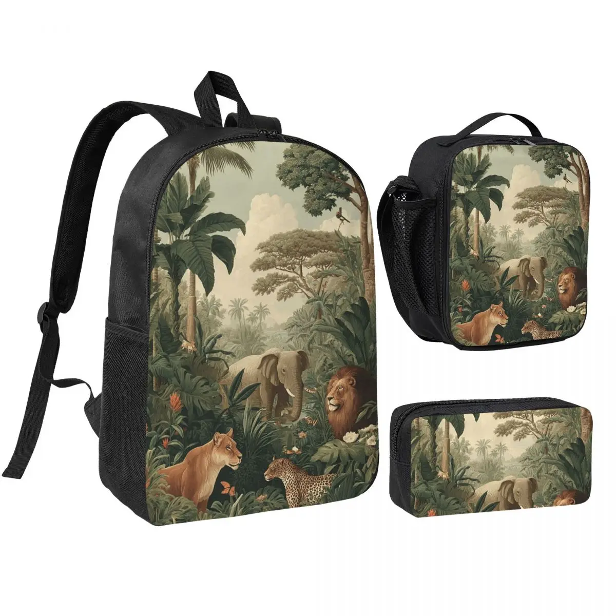 African Savanna Wildlife Theme Backpack Student BookBag School Bag Shoulder Bags 3ps Insulated Lunch Bag Pencil Case