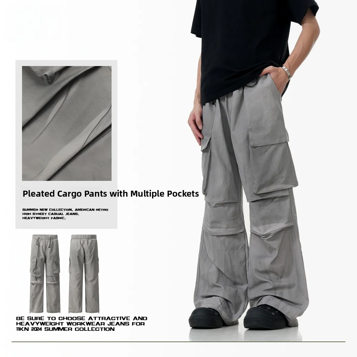

Retro American Sle Work Pants Multiple kets Loose Straight Leg Folded e ey Urban Faion Long Trousers for Men
