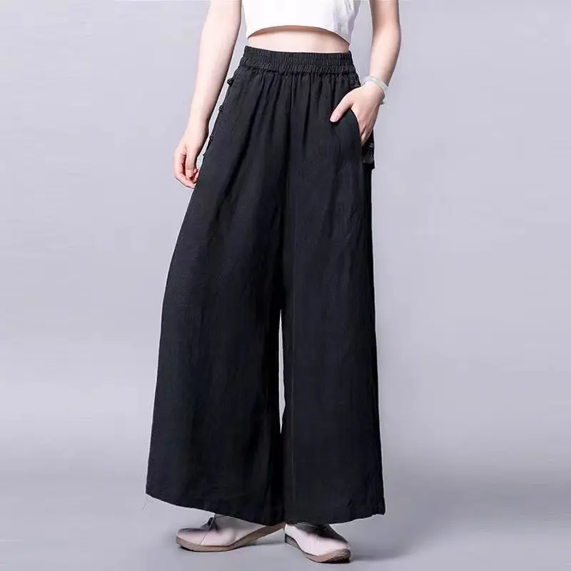 

2025 New Summer Vintage Woman Loose Plus size Trousers Elastic Waist Cotton linen Wide Leg Pants