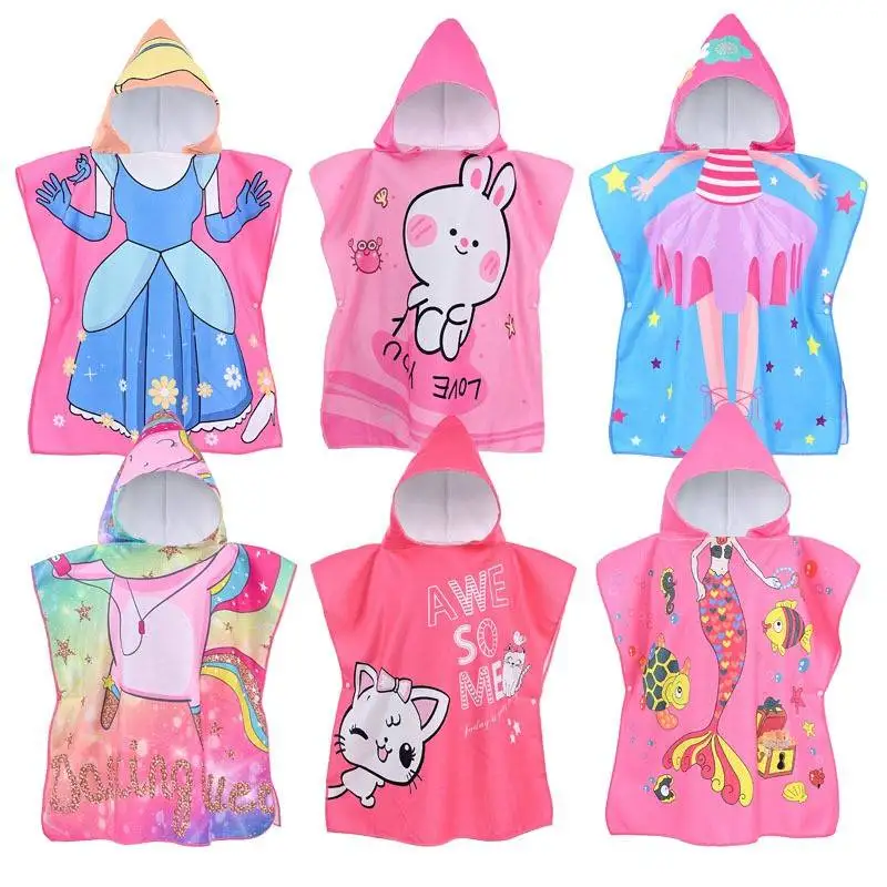 Children's Bath Towel Cartoon Print Baby Wearable Hooded Robe Beach Swimming Windproof Quick Dry Cloak Ultrafine Fiber Polyes...