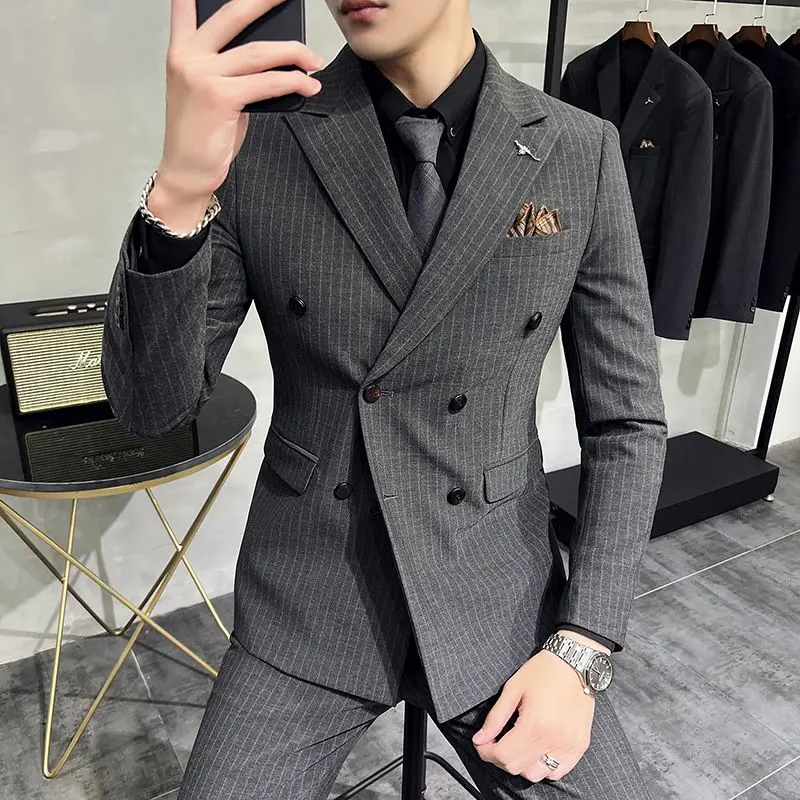 2-a14 Doppels chlitz gestreifter Anzug Herren anzug Jugend schlanke koreanische Stil Freizeit anzug Jacke trend ige Bräutigam Brautkleid