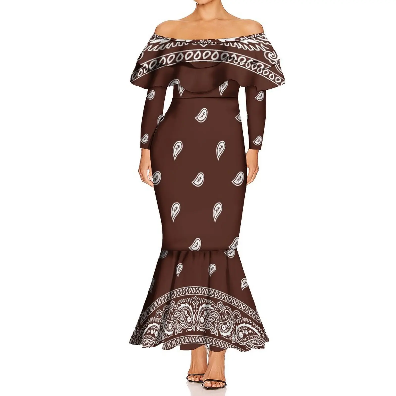 Verão bandana dupla camada babados havaiano feminino manga comprida um ombro fino fishtail vestido padrão de vestido personalizado