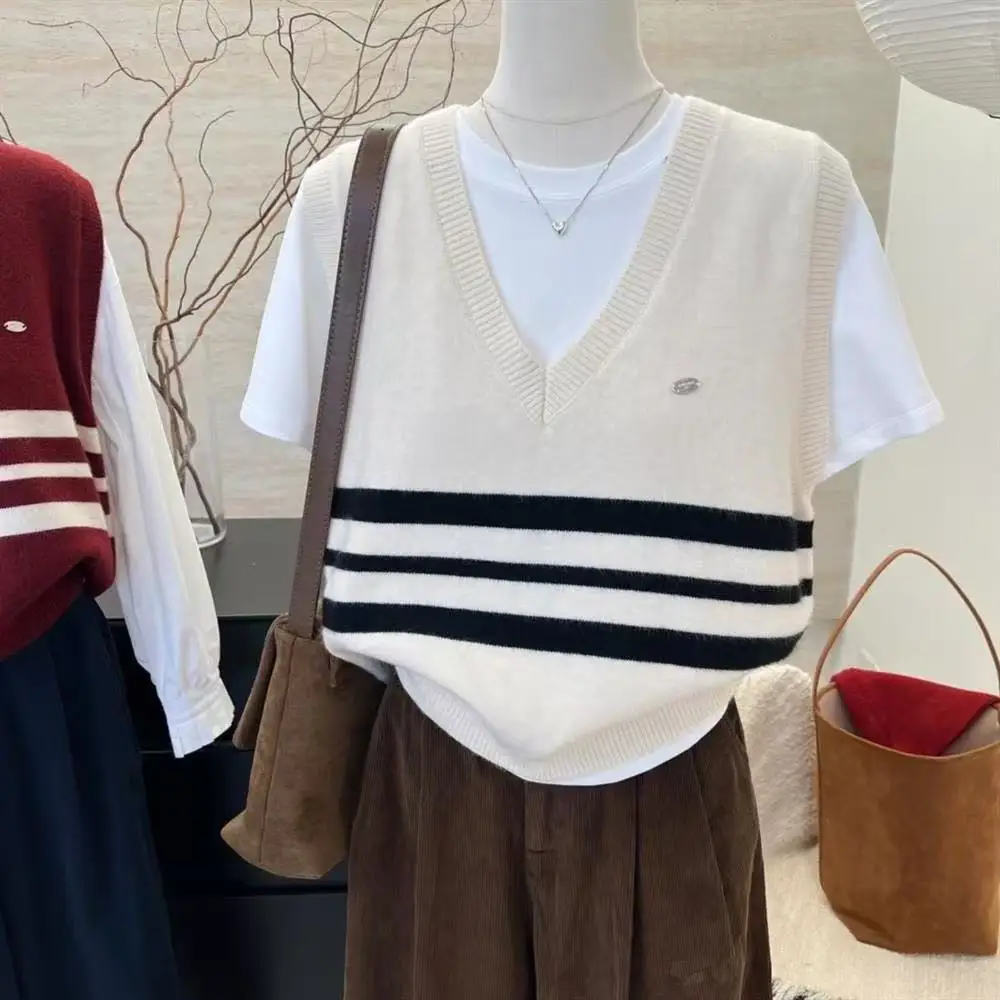 Gray Striped V-Neck Knitted Vest Women's Layering Sleeveless Innerwear Sweater Sweet Style Button Splice Daily Wear Loose Fit