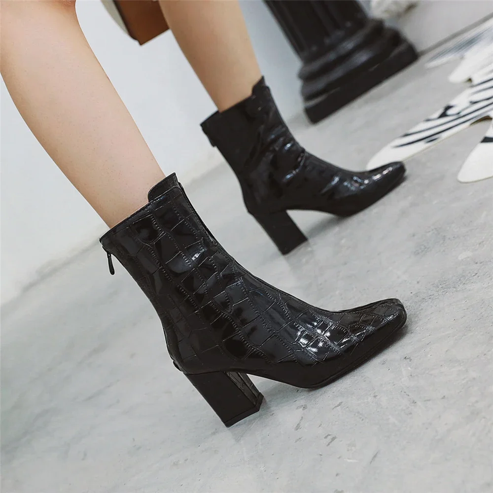 2024New Women Ankle Boots Female Zip Autumn Winter PU Leather Square Toe Ladies Chelsea Boats High Heels Booties White Red Black