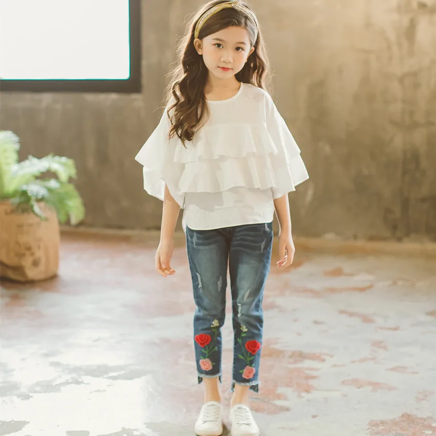 

Korean Summer School Girl Trumpet Sleeve Top Junior Girl Flounce O-neck Top Teenager Girl Gauze Fluffy Three-quarter Sleeve Top