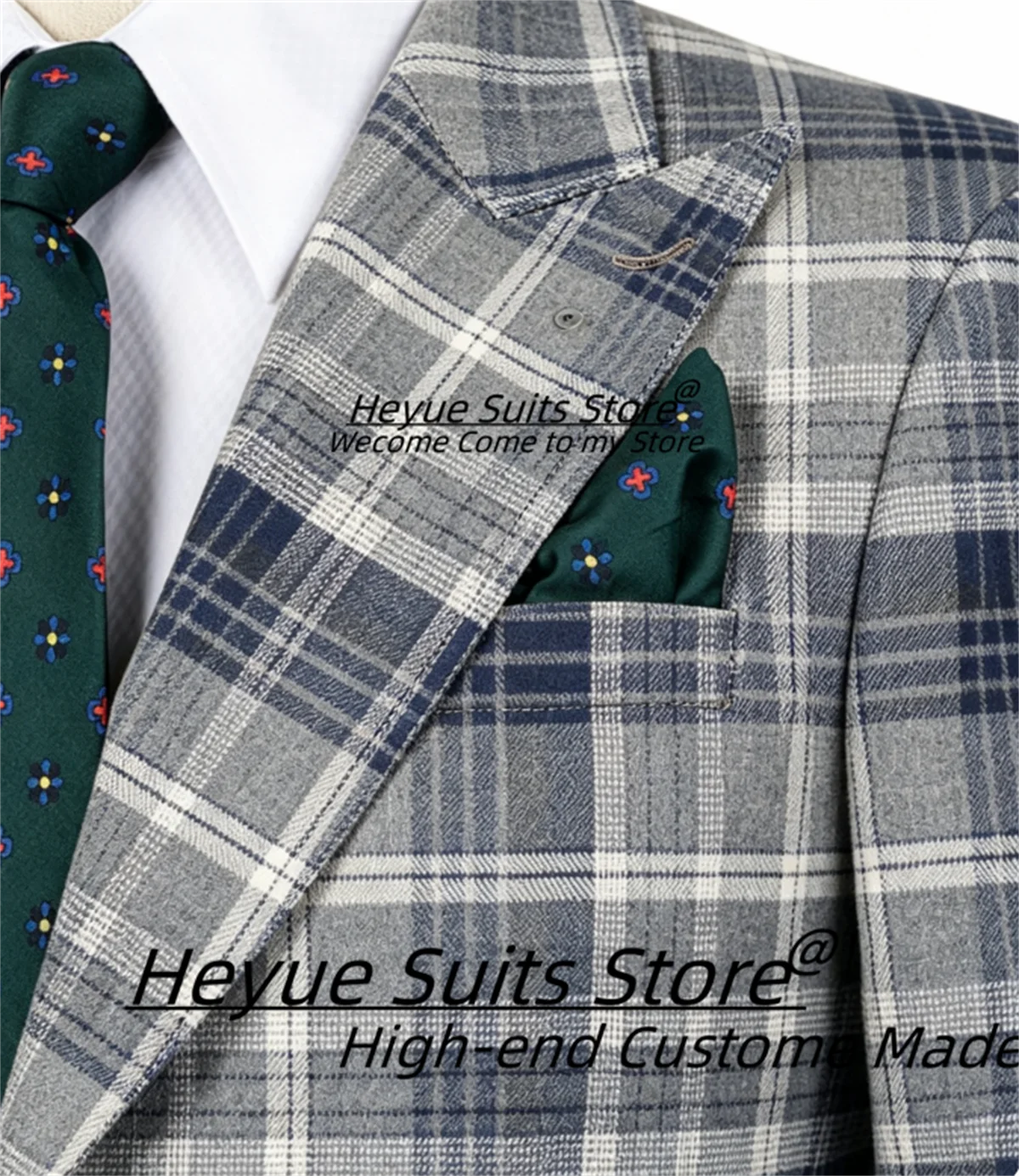Grey Blue Plaid Men Suits Business Slim Fit Peak Lapel Groom Wedding Tuxedos Customized High-end 2 Pieces Sets Costume Homme