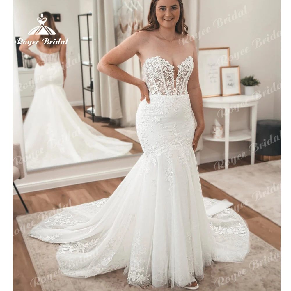 

Roycebridal Strapless Lace Mermaid Wedding Dress 2026 Open-Back Lace Appliques V-Neck Bride Dress Vestidos De Novia Customized