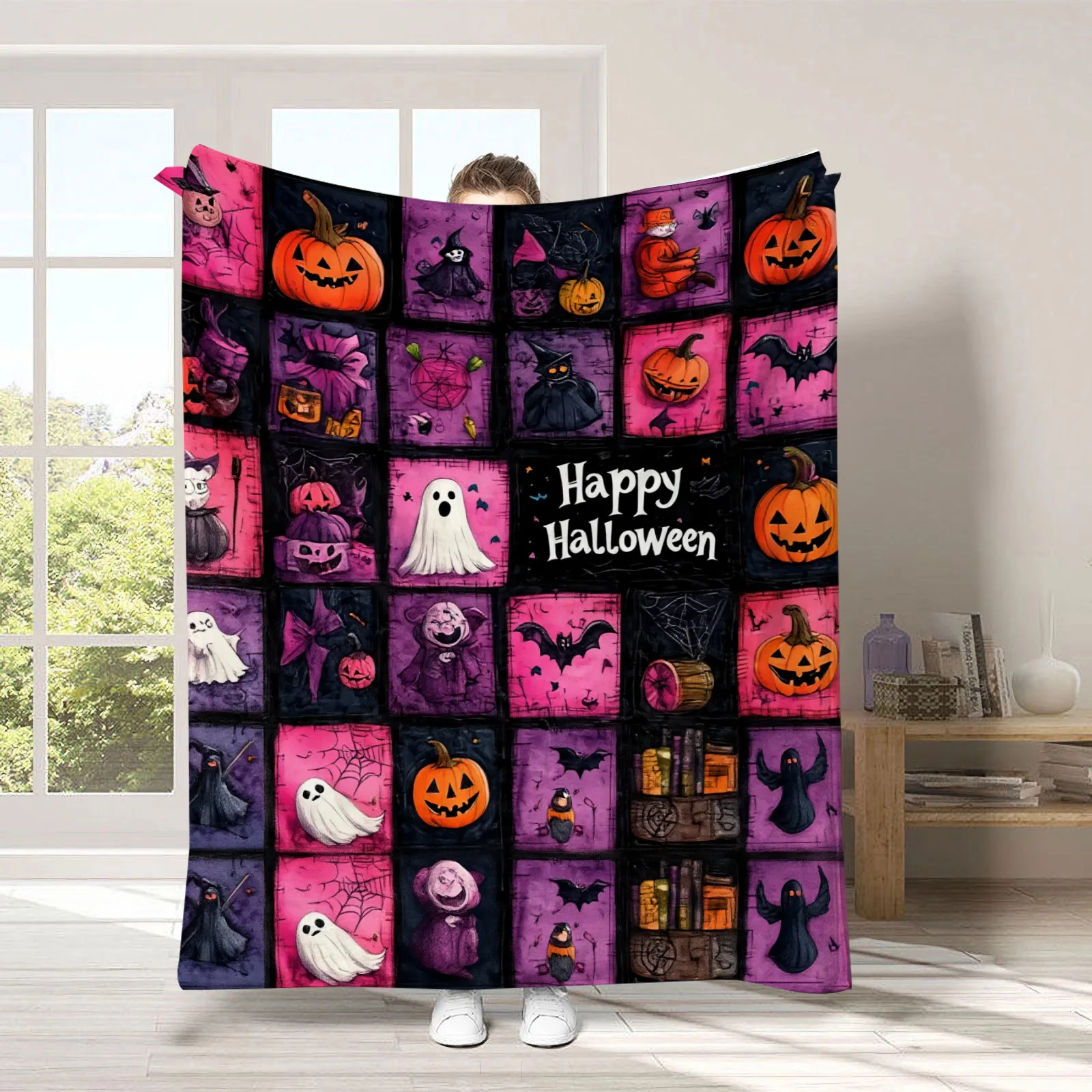 Gruselige schwarze Halloween-Flanelldecke mit Geistern, weiche Universaldecke, multifunktionale Dekorationsdecke, Weihnachtsgeschenk – Detail 16