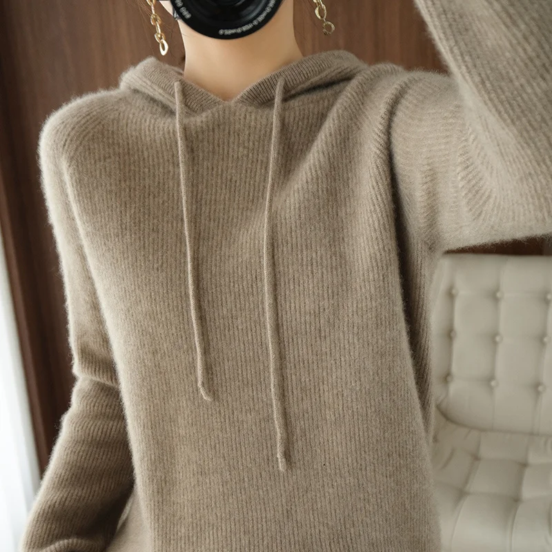 

and Autumn winter new knitted women drawstring pullover hoodie color pure cashmere sweater