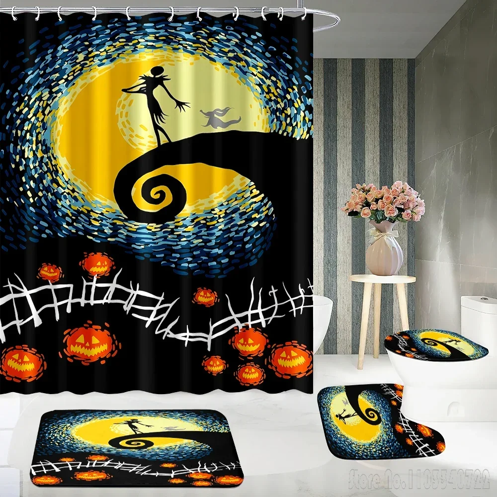 Disney Nightmare Before Christmas Bath Shower Curtain Set 4pcs with Hooks Cartoon Decor Bathroom Toilet Mat Lid