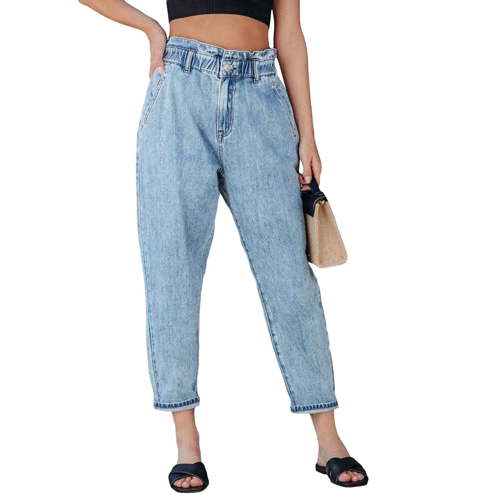 Women's High Waist Washed Jeans Solid Color Denim Pants Ankle Length Denim Trousers Streetwear