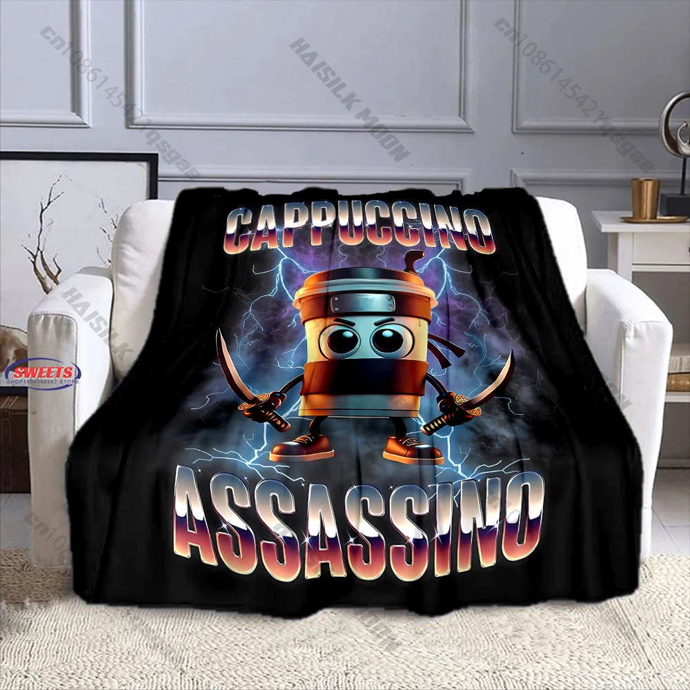3D HD Funny Cappuccino Assassino Ninja Coffee Cup Throw Blanket Soft Flannel Cozy Blanket for Couch Bed Sofa