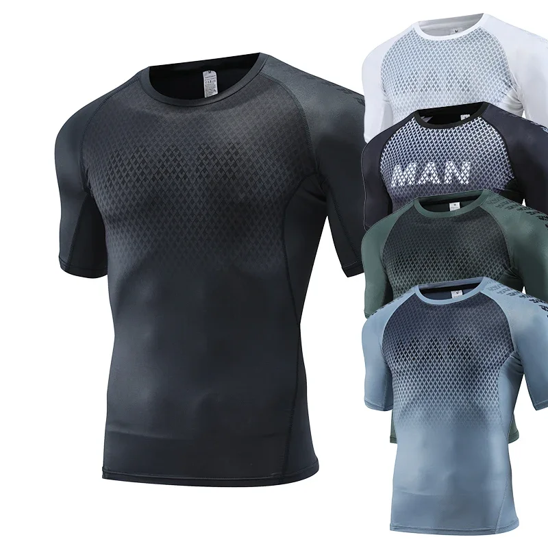 Męska sportowa koszulka kompresyjna obcisła bluza na siłownię koszulka do biegania na koszulkę fitness ubrania do kulturystyki Jogging Rashguard Dry
