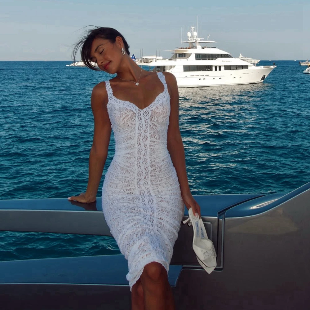 

Elegant Lace Ruched V‑Neck Evening Gown Sleeveless Lace Appliques Mermaid Party Dress Trendy Mesh Midi Wedding Prom Dresses