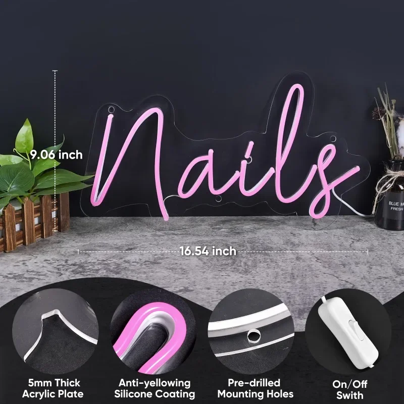 16inch Nails Neon Sign Pink Decor LED Neon Light USB Operated Business Sign Wall Home Beauty Studio Room Girls’ Bedroom