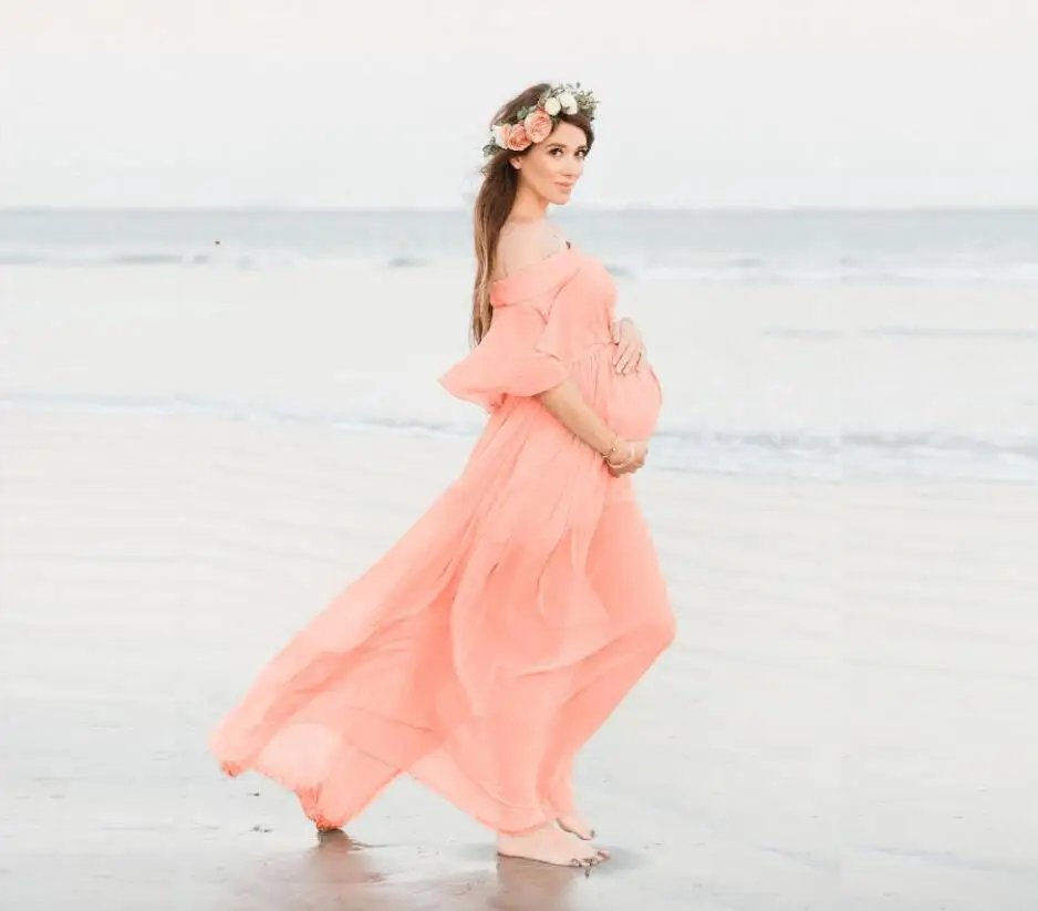 New Sexy Pink Ruffles Maternity Dresses For Photo Shoot Loose elegant Chiffon Pregnant Women Photography Props Green Dresses