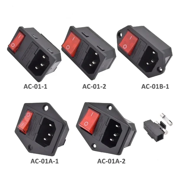 AC-01 AC-02 AC-03 AC-04 AC-05 AC-04F AC-05F C13 C14 3-Pin Power Plug and Socket 250V 10A Fuse Red Light Rocker Boat Switch