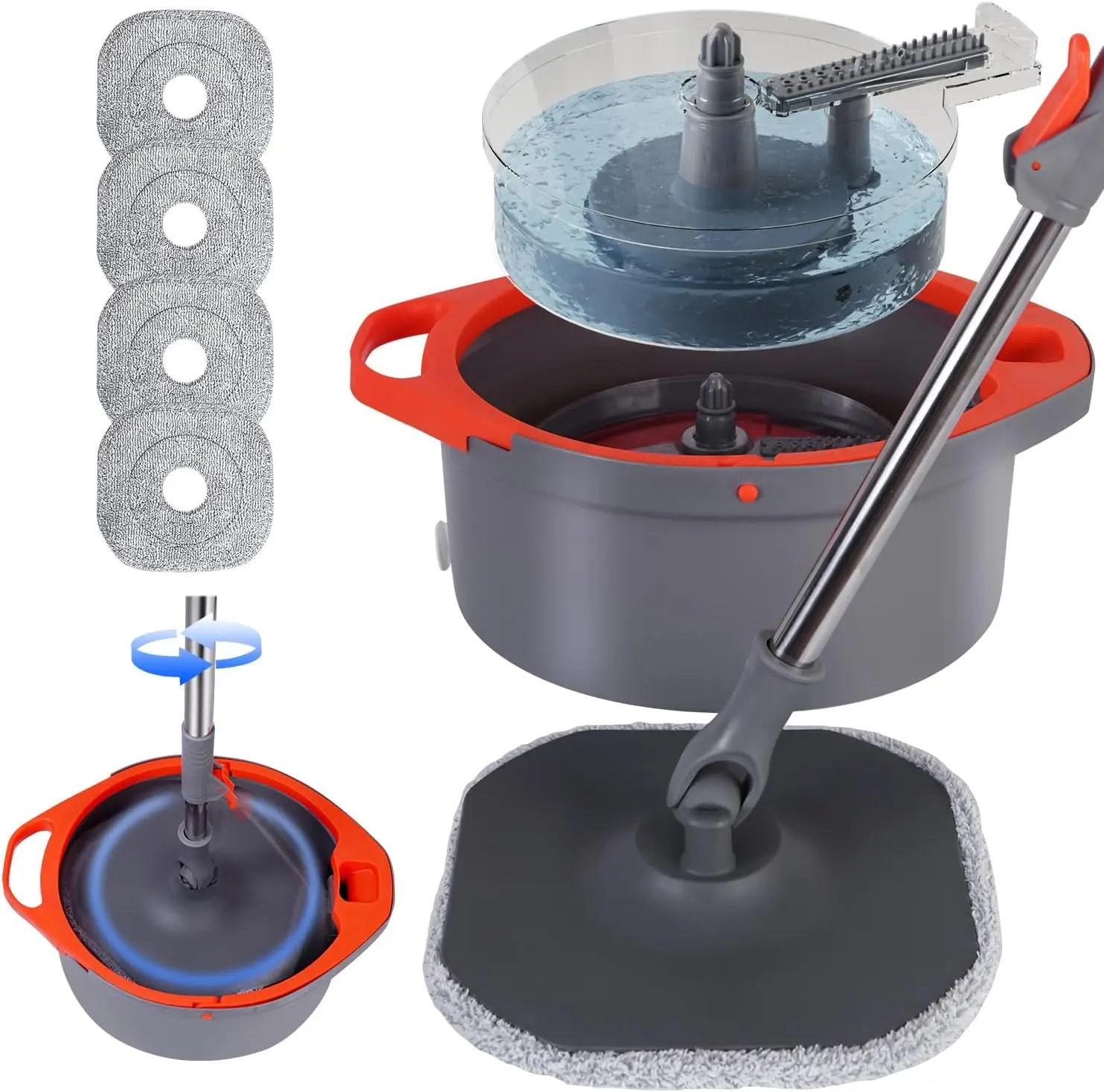 

360° Spin Mop and Bucket Set with Separate Dirty/Clean Water, Foldable Handle, 4 Replaceable Pads for Floor Tile Marble Cleaning