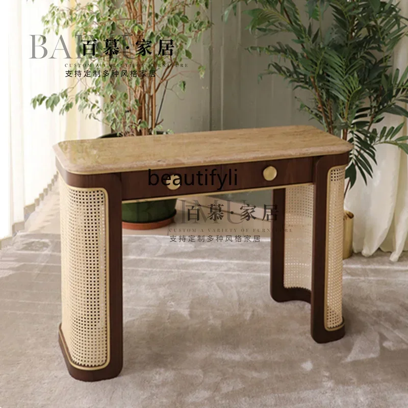 ss8350 Medieval style solid wood dresser American rattan travertine makeup table designer bed and breakfast bedroom decoration c