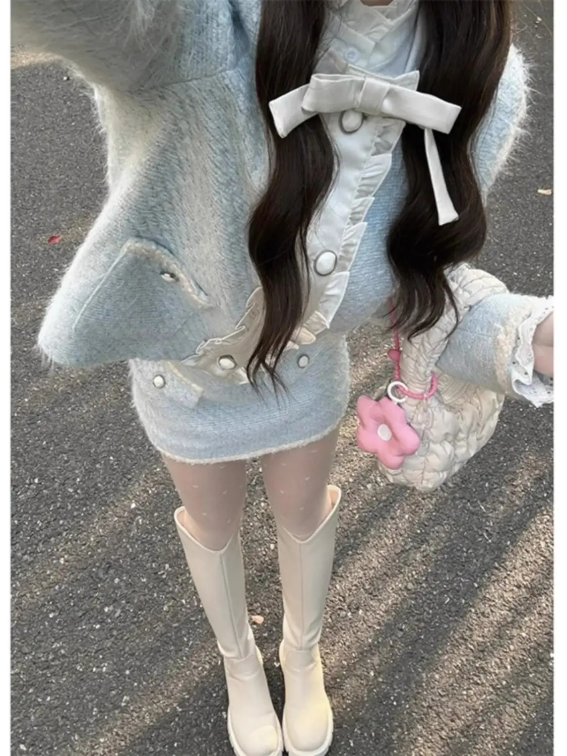 طقم نسائي كوري بتصميم فرنسي أنيق مكون من قطعتين أنيق للتنحيف الحلو الأزرق الدافئ طقم ملابس مكتب للسيدات ملابس الحفلات النسائية