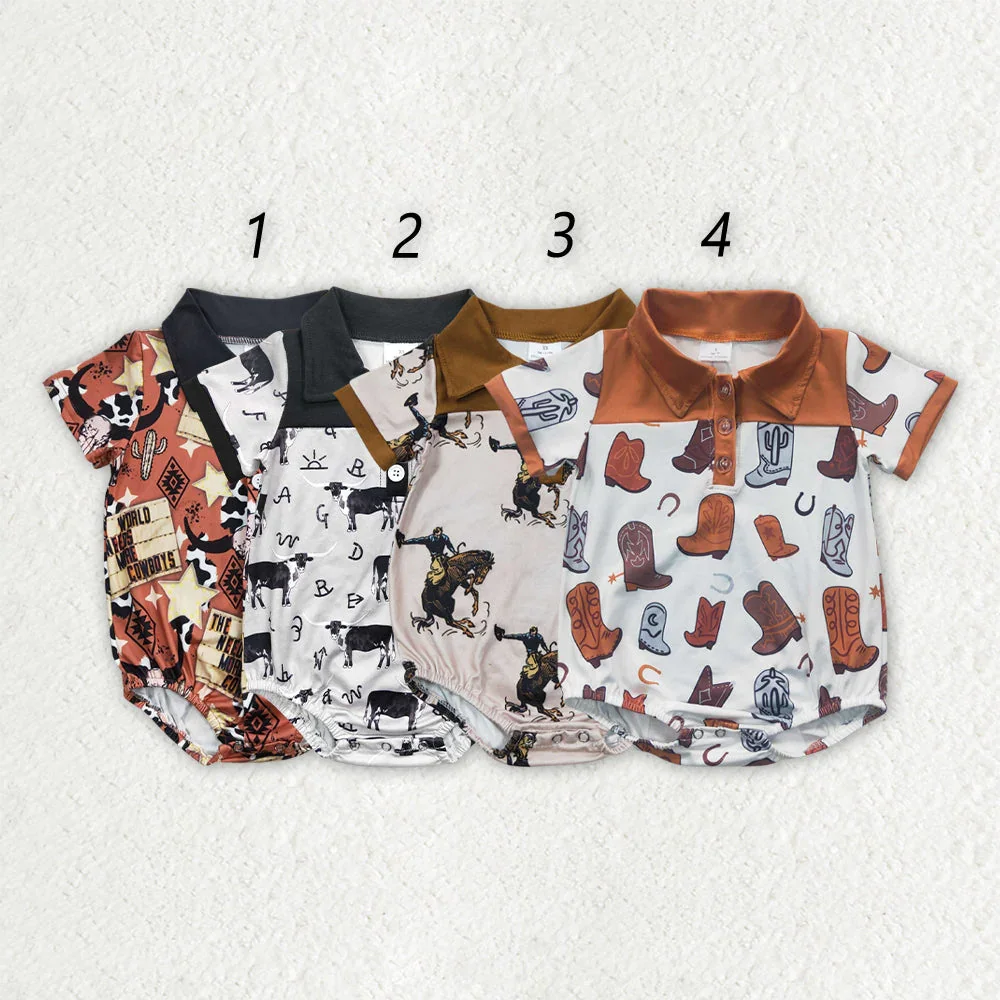 

Ready to Ship Baby Western Cowboy Jumpsuits Cartoon Cattle Print Short Sleeve Baby Romper