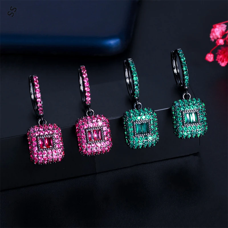 

Europe American Popular Hand Micro-inlaid Zircon Gemstone Square Emerald Earrings Fashion Oval Shape Ear-buckle Jewe Accessories