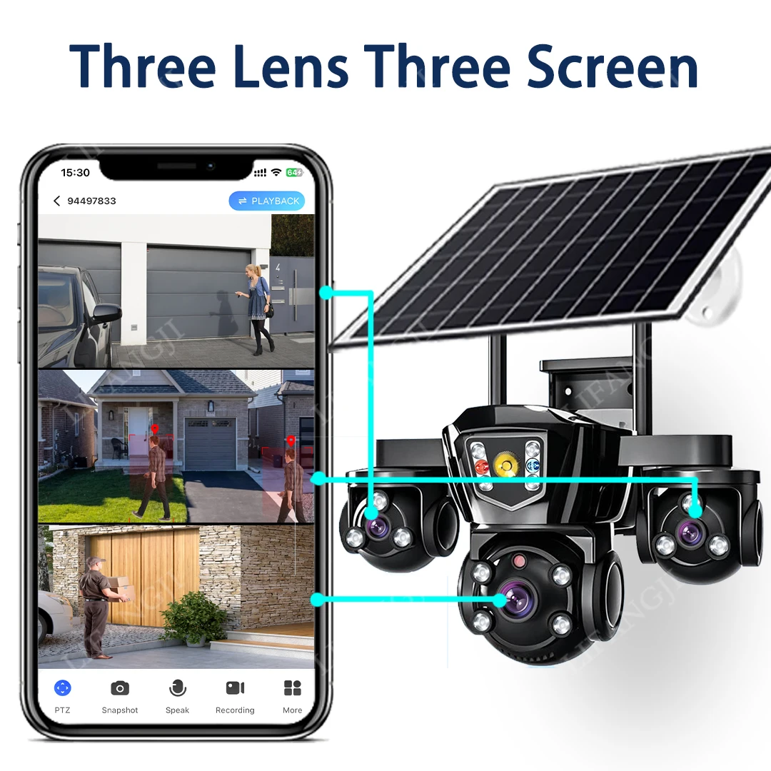 15MP 3-Lens Three Screen 4G Sim Solar Camera Outdoor Surveillance WiFi 10X Digital Zoom Auto Tracking Security Cameras V380 Pro