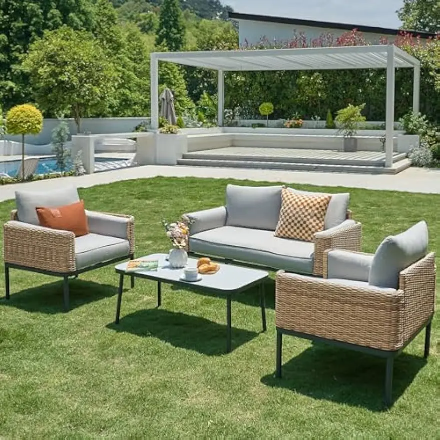 

Wicker Patio Furniture Set, All-Weather Rounded Rattan Outdoor Conversation Set with 5'' Thick Cushions and Coffee Table